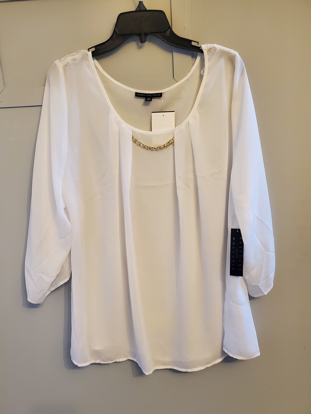 Sara Michelle White Chiffon Blouse with Gold Chain Accent
